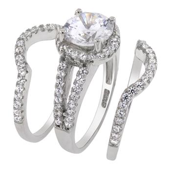 Halo Cubic Zirconia Sterling Silver 3 Piece Bridal Ring Set