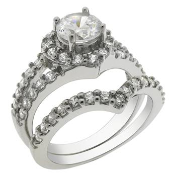 6mm Halo Heart Shaped Silver Wedding Ring Set