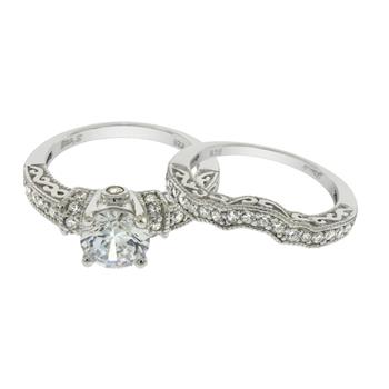 7mm Solitaire Vintage Sterling Silver Wedding Ring Set