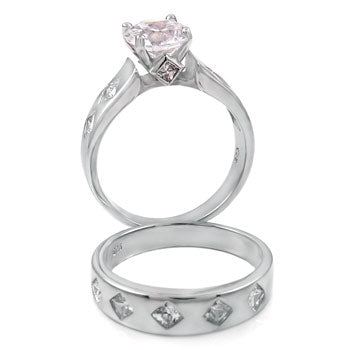Solitaire Sterling Silver Wedding Ring Set