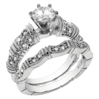 Solitaire Sterling Silver Vintage Bridal Ring Set