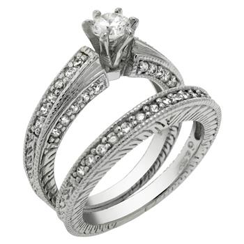 Solitaire Sterling Silver Vintage Wedding Ring Set