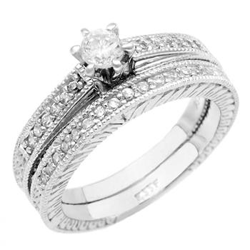 Solitaire Sterling Silver Vintage Wedding Ring Set