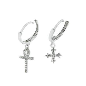 Sterling Silver CZ Cross Dangle Huggie Earrings