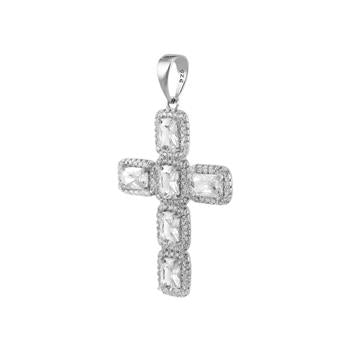 Sterling Silver Rhodium Channel Set CZ Cross Pendant