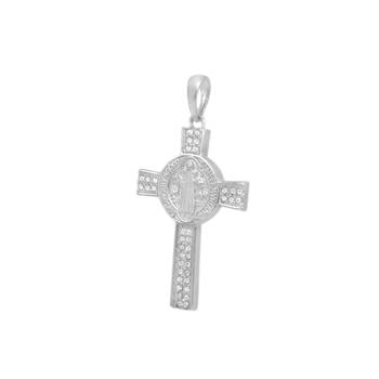 Sterling Silver High Polish Saint Benedict CZ Cross Pendant