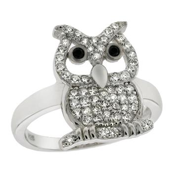 Sterling Silver OWL W. Black Eyes CZ Ring