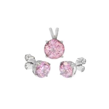 Sterling Silver Round Pink CZ Earrings & Pendant Set