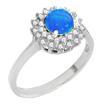 Sterling Silver Halo Simulated Blue Opal CZ Ring