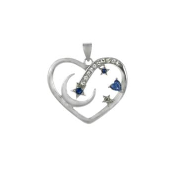 Moon Star Heart Sterling Silver Rhodium Pendant