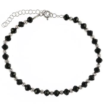 Black Crystal & Diamond Cut Bead Rhodium Bracelet