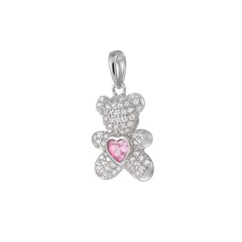 Pave CZ Bear Pink Heart Sterling Silver Rhodium Pendant