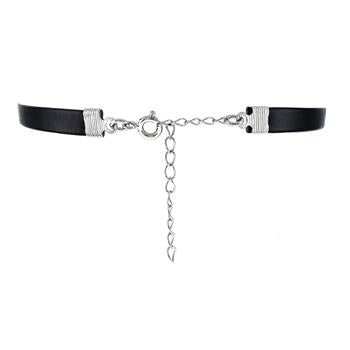 Sterling Silver Circle CZ Black Leather Choker Necklace