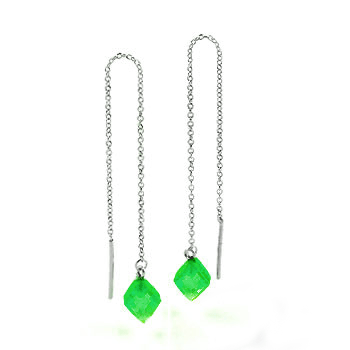 Diamond Shaped Green CZ Threader Rhodium Earrings