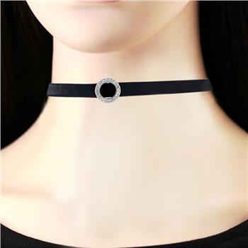 Sterling Silver Circle CZ Black Leather Choker Necklace