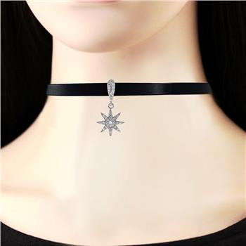 Pave CZ Star Pendant Sterling Silver - Leather Choker Necklace