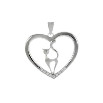 Cat & Heart CZ Sterling Silver Rhodium Pendant