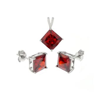 Princess Garnet CZ Sterling Silver Earrings & Pendant Set