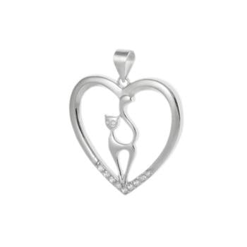 Standing Cat Heart CZ Sterling Silver Pendant