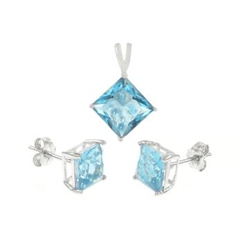 Sterling Silver Aquamarine CZ Princess Earrings & Pendant Set