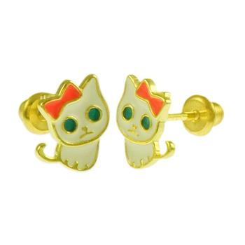 Enamel Kitty Cat Gold Plated Screw Back Stud Earrings
