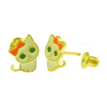 Enamel Kitty Cat Gold Plated Screw Back Stud Earrings