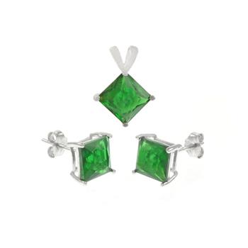 Sterling Silver Emerald CZ Princess Earrings & Pendant Set