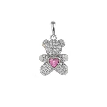 Pave CZ Bear Pink Heart Sterling Silver Rhodium Pendant