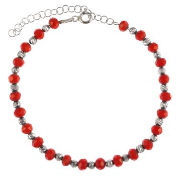 Red Crystal & Diamond Cut Bead Rhodium Bracelet