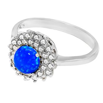 Sterling Silver Halo Simulated Blue Opal CZ Ring