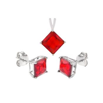 Sterling Silver Ruby Color CZ Princess Earrings & Pendant Set
