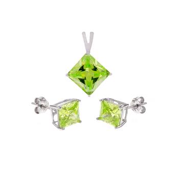 Sterling Silver Peridot CZ Princess Earrings & Pendant Set