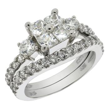 Sterling Silver Princess-Cut & Round  CZ Bridal Ring Set