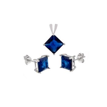 Sterling Silver Sapphire CZ Princess Earrings & Pendant Set