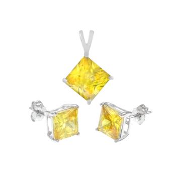 Sterling Silve Citrine CZ Princess Earrings & Pendant Set