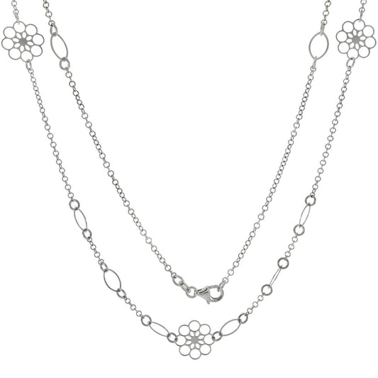 Italian Sterling Silve Rolo W Laser Cut Flower Rhodium Necklace