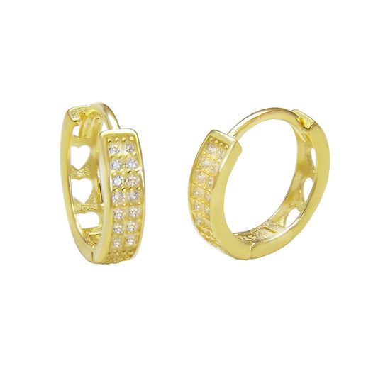 gold plated sterling silver huggie earrings with double line cubic zirconia