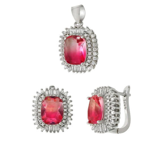 Cushion Cut Pink Crystal Earrings & Pendant Set