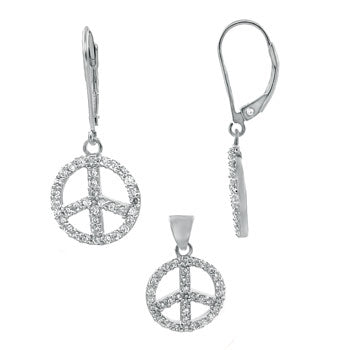 Sterling Silver Peace Sign Round CZ Lever Back Earrings Pendant Set