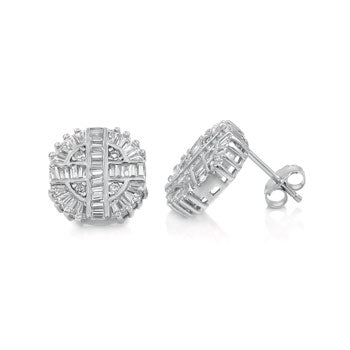 Baguette Round CZ Rhodium Stud Earrings