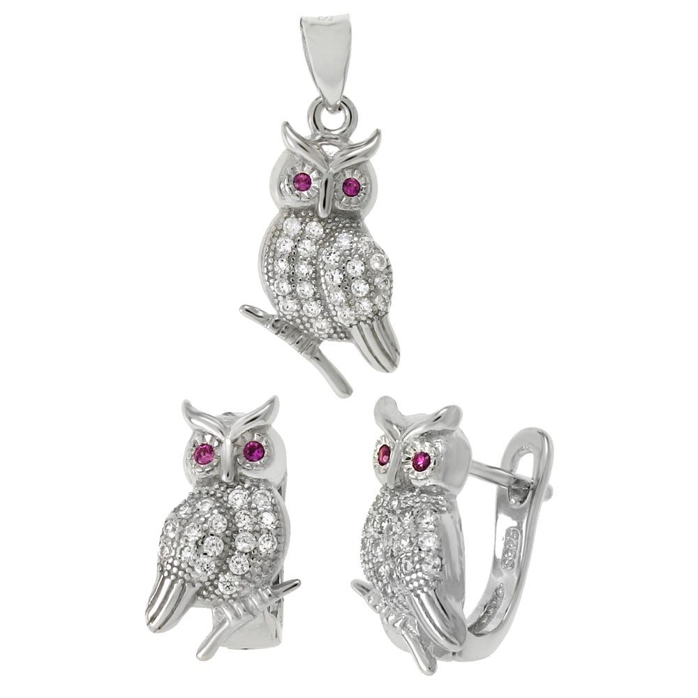 Sterling Silver Pave CZ Red Eyes Owl Earrings Pendant Set