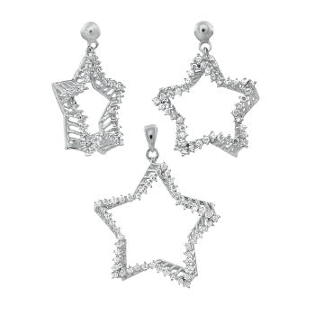 Sterling Silver Star Shaped Round CZ Earring Pendant Set