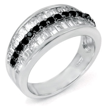 Black Round W 2 Lines Baguette CZ Sterling Silver Band Ring