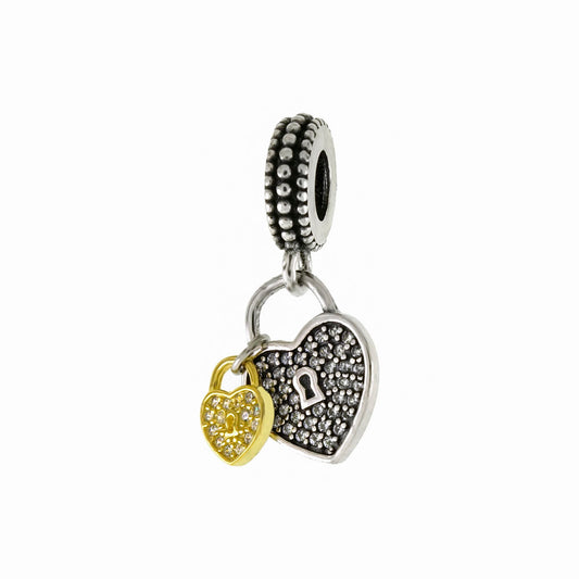 Gold Plated CZ Heart Lock 2 Tone Slider Charm Pendant