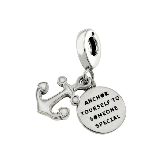 White Enamel Anchor Engravable Disc Slider Charm Pendant