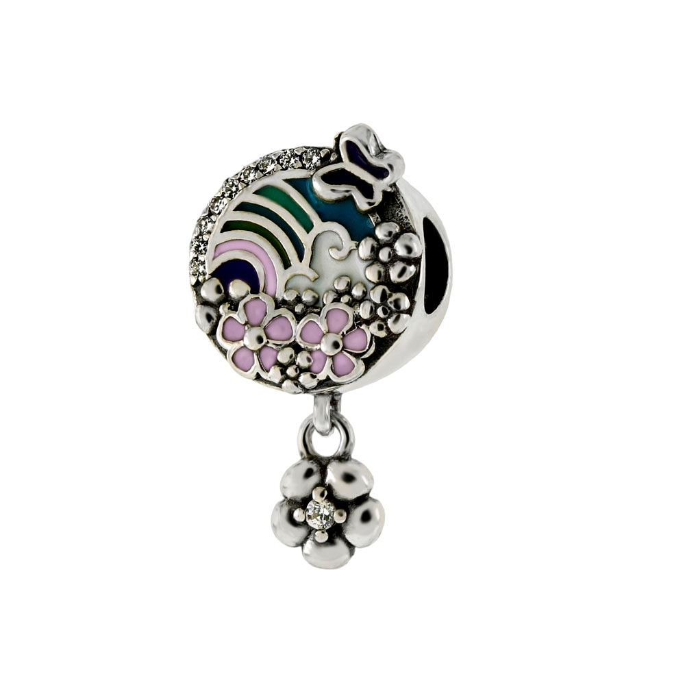 Sterling Silver Multi Color Enamel Flower CZ Bead Slider Charm Pendant