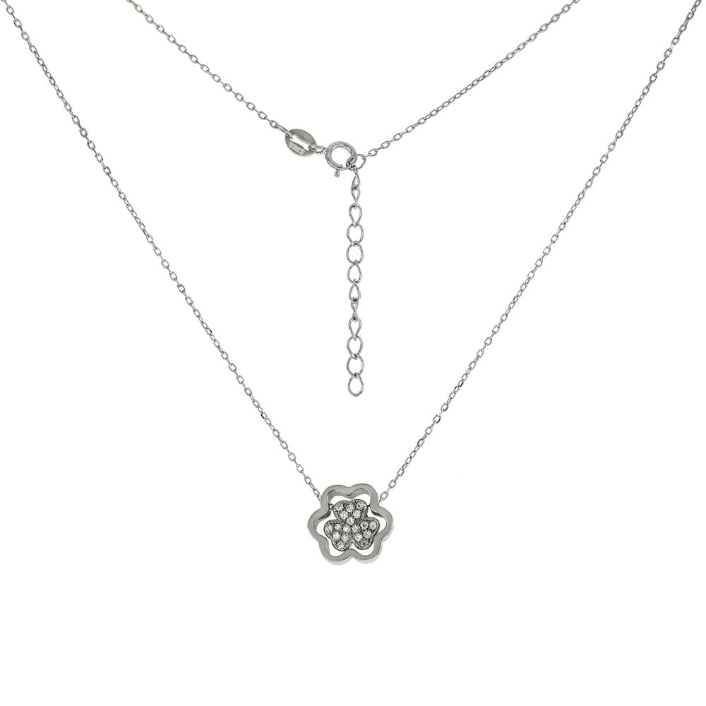 D C Cable Chain W CZ Flower Pendant Rhodium Necklace