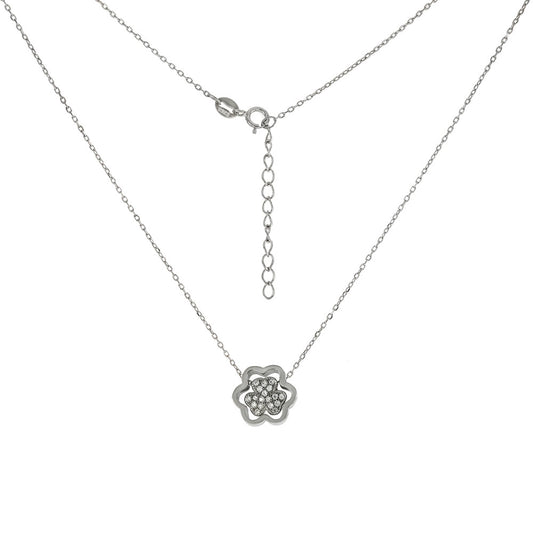 D C Cable Chain W CZ Flower Pendant Rhodium Necklace