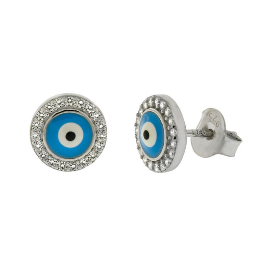 Turquoise Blue Evil Eye W Cubic Zirconia Rhodium Stud Earrings