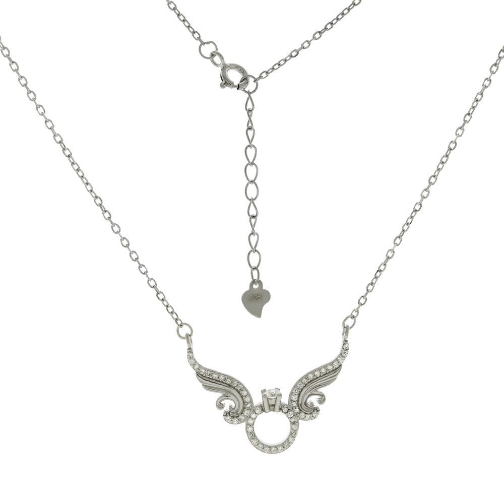 Solitaire Ring W CZ Wings Rhodium Necklace